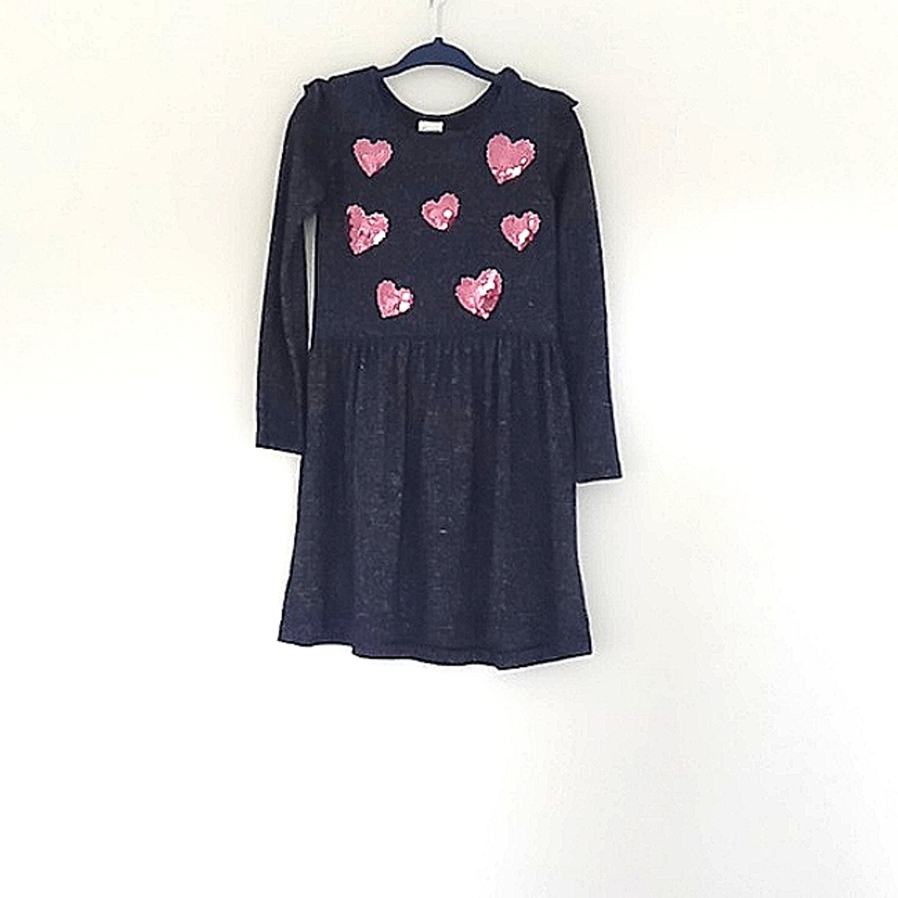 Carter's Blue Jersey Dress with Sequined Hearts Size 3T Ruffle Shoulders Pre-own